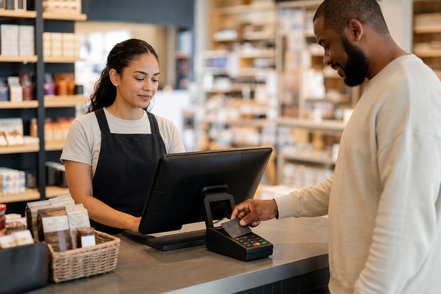 Associate Processing Card Payment At Checkout Counter Associate Processing Card Payment At Checkout Counter