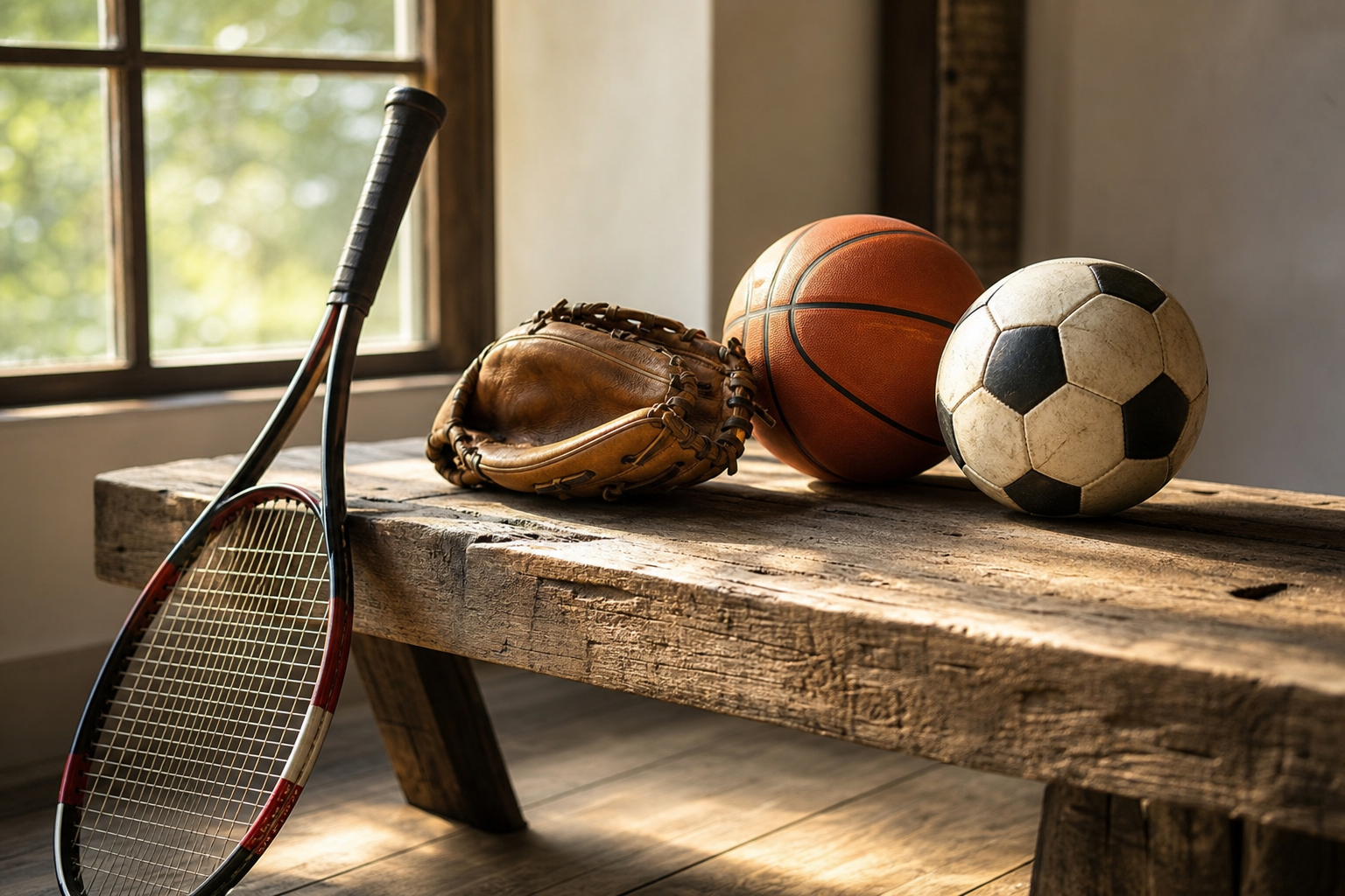 Sport Tools On Wooden Table