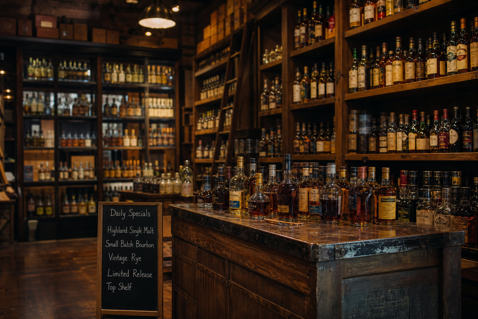 Stocked Liquor Store Interior with Glass Shelves